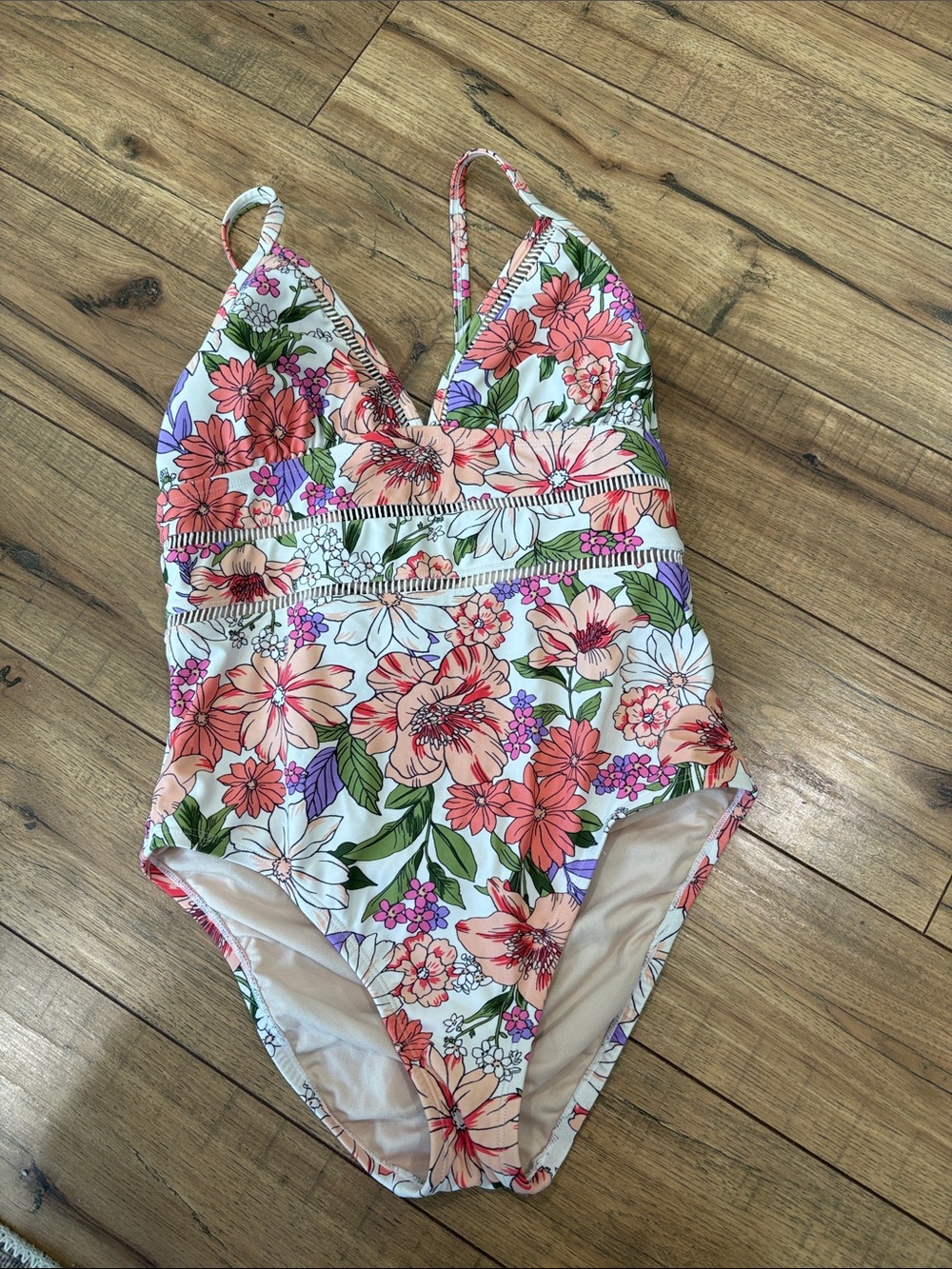 Kona Sol White Floral One-Piece Swimsuit with Coral & Green Accents